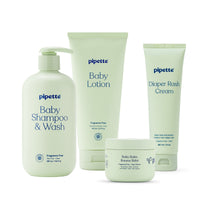 Pipette baby care product set including shampoo & wash, lotion, diaper rash cream, and balm on a white background.