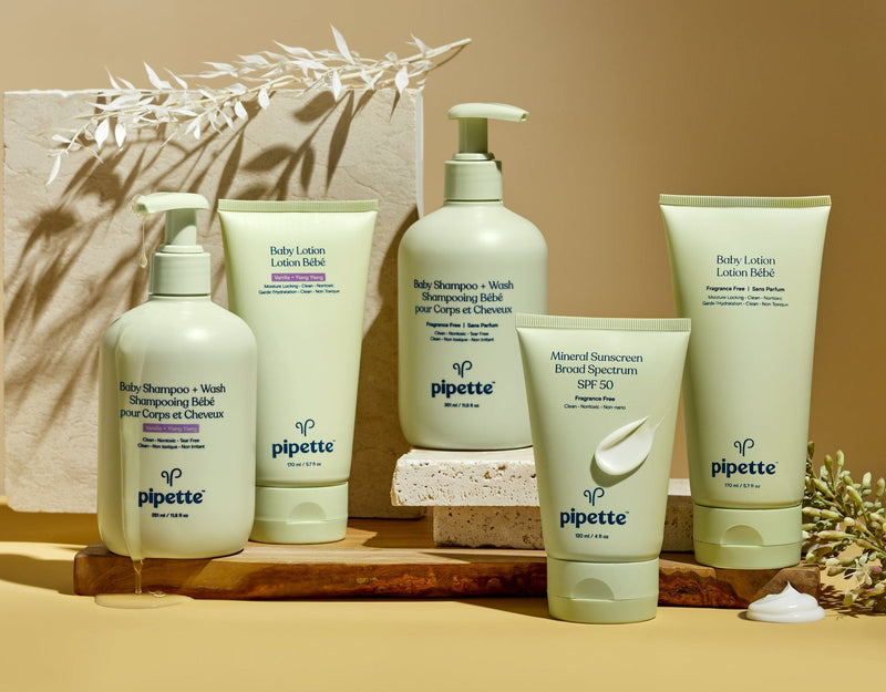 Still Life image of Baby Wash, Baby Lotion, Mineral Sunscreen SPF, Diaper Rash Cream.