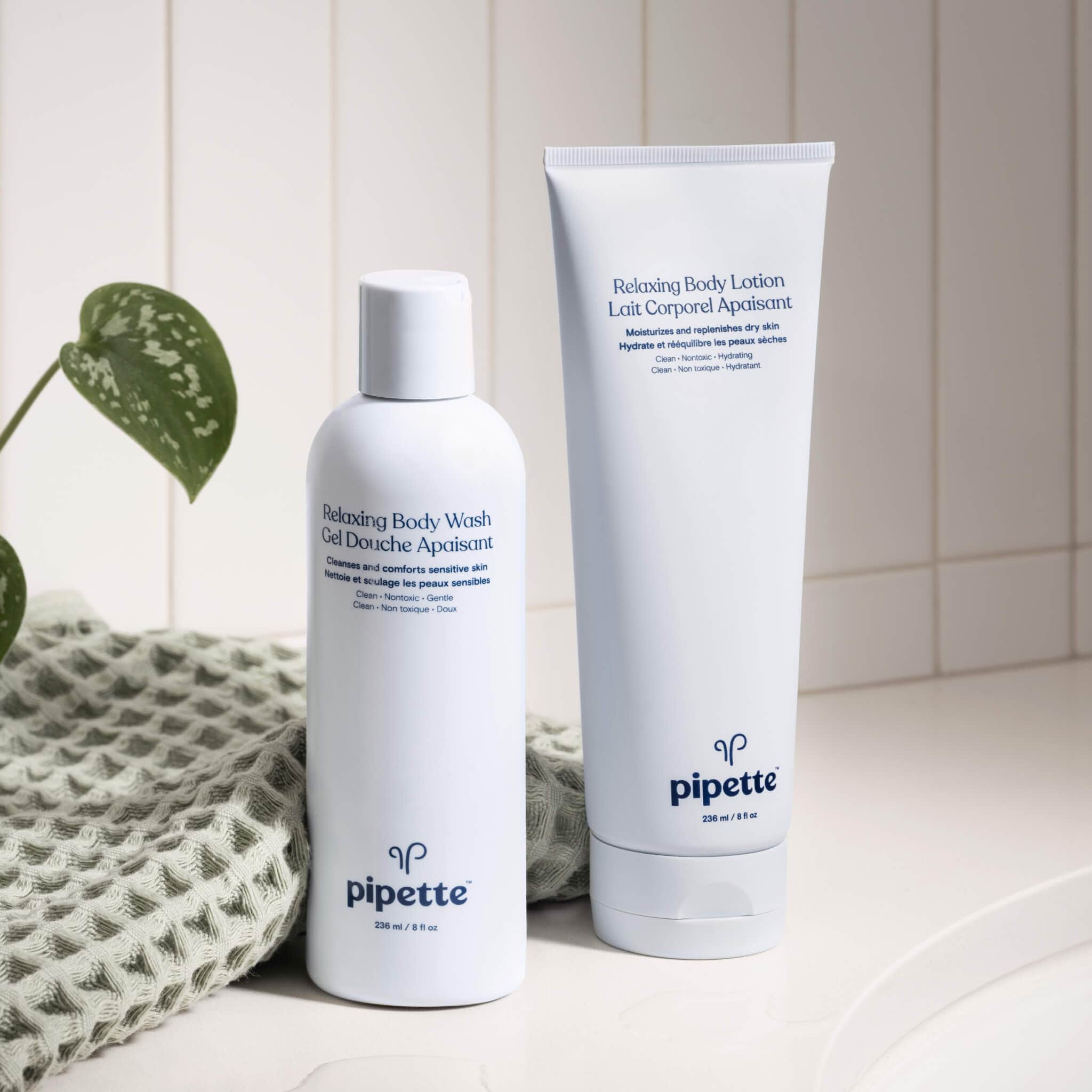 relaxing body wash and relaxing body lotion in the shower